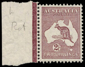 2/- Maroon (Die 2): 2 Ash (N over A) Imprint blks.4; a marginal blk.4 with variety "Break in top frame over T of AUST" [2L26]; a marginal single with variety "Retouch in Bass Strait" [1L43]; also, a corner blk.4 of the 2/- Redrawn Die. All MUH.