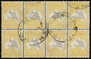 5/- Grey & Yellow block of 8, commercially used at Bendigo, 1937. An exhibition item, commercially used blocks larger than a block of 4 are very rare. Some slight perf. separation mentioned for accuracy.