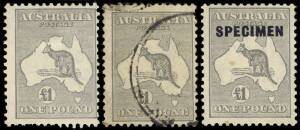 &pound;1 Grey, singles Mint, Used, and overprinted SPECIMEN. (3).
