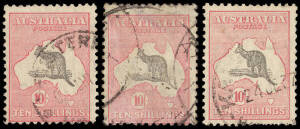 10/- Grey & Pink, 3 commercially used copies in different shades. Mixed condition.
