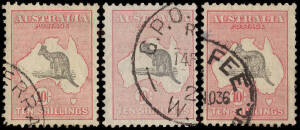 10/- Grey & Pink, 3 commercially used copies. Shades, mixed condition.