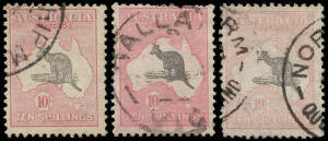 10/- Grey & Pink, 3 commercially used copies. Mixed condition, shades.