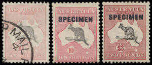 10/- Grey & Pink with variety "Weeping Kangaroo", FU; plus 10/- Grey & Pink and &pound;2 Black & Rose, both o'ptd "SPECIMEN"*.