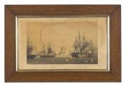 An oak framed French engraving of ships at war, c1860