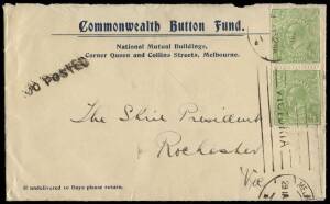 An extremely rare usage on Cover&frac12;d Green, single line perf. 14.25, a vertical pair [30/36] tied by Melbourne machine cancel on 29 Jan. 1916 "Commonwealth Button Fund" envelope (lacking flap) to Rochester; Unit 30 showing variety "vertical scratches throug