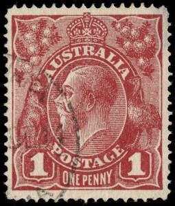 1d Carmine-Red, Single Line perforation [Plate 2] with variety "Thin G of POSTAGE"; well centred and fine used appearance; thinned at upper right on reverse. With R.P.S.V. [2000] Certificate. BW:70(2)k. Cat.$10,000.Provenance: Hugh Morgan.