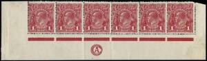 1d Carmine Red (Plate 4) CA Monogram strip; the monogram being 3mm below the marginal line. Fresh MUH/MLH. BW:71(4)zd.Provenance: Hugh Morgan.