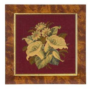 Huon pine framed floral wool work tapestry, 19th century