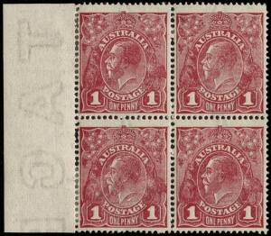 1d Carmine-Red, block of (4) with margin at left showing "TAGE" of watermark reading downwards, being BW:72aa "watermark reversed". The block also displays 3 plate flaws: "Wattle line" [31], "Nick near top of left frame" [32] and "Flaw under neck" [37]. W