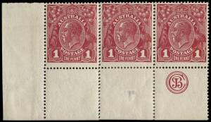 1d Rose-Red (Die 3), JBC Monogram corner strip of 3; the left-hand unit re-attached and with minor rear thin in lower margin (not affecting monogram unit). Mint. BW:75z. Cat.$3000.Provenance: Hugh Morgan.