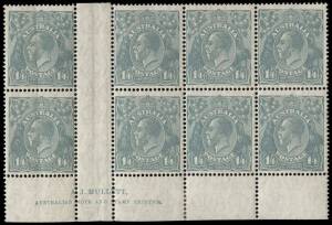 1/4d Greenish-Blue, MULLETT Imprint block (8); R57 with variety "thick 1 at right retouched".4 MUH, 4 MLH; left hand units with vertical gum bend. BW: 129z???.