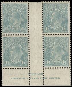 1/4d Turquoise, ASH Imprint block (4), 2 MUH, 2 MLH. BW:130z.