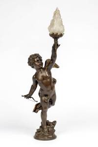 A French bronze finished figured cupid lamp base