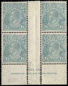 1/4 Greenish-Blue, Ash Imprint block; some staining in the area of the imprint due to inappropriate mounting.