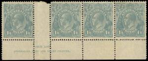 1/4 Greenish-Blue, Ash Imprint strip incorporating R57 with variety "Thick 1 at right". Mint; fresh appearance; some previous mounting issues.