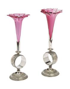 A pair of ruby glass and silver plated epergne vases