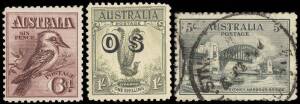 Selection on cards; must be viewed incl. 6d claret Kooka (3** re-gummed?), 3d Kooka M/sheet with a late cds cancel, 1/- Lyrebird opt 'OS' (3**), 5/- Bridge commercially used and Vic.* & S.A.** Cent. imprint pair sets. Mixed condition, offered at a fractio