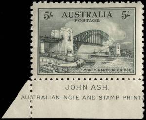 1932 5/- Sydney Harbour Bridge, marginal single with large part imprint; superb MLH.