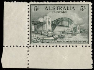 5/- Sydney Harbour Bridge, corner single MLH; one nibbed perf at top.