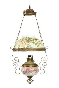 A Miller hanging oil lamp with hand painted shade