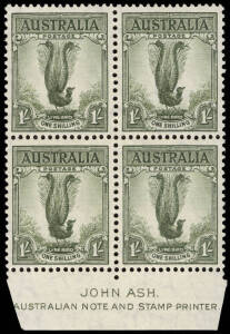 1937 (SG.174) 1/- Lyrebird, Ash Imprint block. MUH.