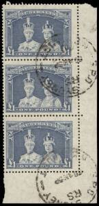 1949 (SG.178a) &pound;1 Robes, thin paper, lower R cnr. vertical strip, commercially used. With GPO Sydney 'RS' cds, dated 1965?. FU, scarce in multiples larger than pairs.