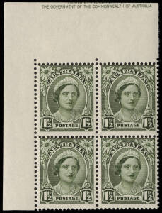 1941-48 (SG.187 & 229) 3d brown KGVI, top L cnr pair** and 1&frac12;d green QM, top L cnr blk of 4*, both mis-cut showing part 'Authority' imprint at the top.