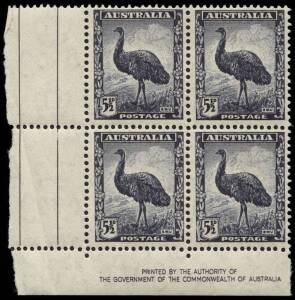1942-51 5&frac12;d Emu imprint block of 4 with "Retouched grass above 'STA' of POSTAGE"; BW.232za & k, ShB R10/2. 2**/2*, variety**. A very scarce variety.