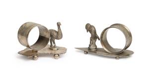 Two silver plated napkin rings with emu & kookaburra