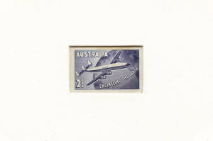 DIE PROOF: 1958 (SG.301) 2/- QANTAS Round-the-World Service, sunken die proof, numbered "17" and presented to the Governor General, Sir William Slim. Accompanied on an exhibit page by a block of 9 of the issued stamp showing the "re-entry to last A of AUS
