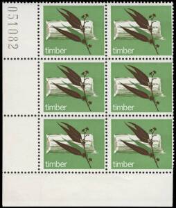 1969 (SG.441a) 15c Timber, the UNIQUE lower right corner blk.(6) with sheet number; all units with variety "Black (Australia 15c) omitted"; accompanied by a normal sheet no.blk.(4) for comparison. A spectacular modern rarity. BW:504c - Cat.$10,500. SG.960