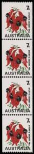 1970-75 7c Floral Coil strip, LOWER 3 UNITS with variety 'BUFF OMITTED', and top unit with buff misplaced to the right (BW.535ce). Cat.$900. MUH.