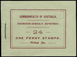1917 (BW:12D; Pfeffer: B12) 2/- booklet cover (red on pale green) containing 3 (of 4) panes of 6 x 1d Red KGV Single Watermark + wax interleaves. Cover and staple in superb condition.