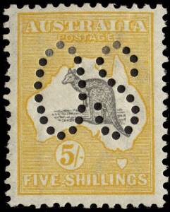 5/- Grey & Yellow, First Watermark Kangaroo, perforated Large OS. Well centered Mint. BW:42ba. Cat.$1750.Provonance: Hugh Morgan