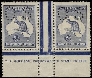 2&frac12;d Indigo, Third Watermark Kangaroo, perforated OS HARRISON one-line Imprint pair; cpl nibbed perf at top but otherwise mint and rare. BW:11ze perf.OS.