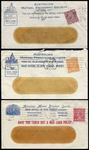 1911-20 group of covers from the Australian Mutual Provident Society, Sydney with frankings of NSW 1d red (5), 1d red 'Roo (6), 2d grey 'Roo, 3rd wmk (1), KGV 1d red (18), 1&frac12;d browns (8) and 2d orange (1). Plus large part of a cover with a block of 20 &frac14;d 