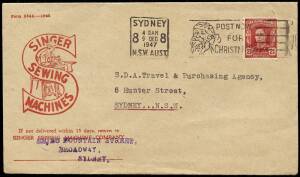 1940's-80's range of advertising covers incl. Direct Marketing. Majority illustrative, noted 1947 Singer Sewing Machines, 1948 KGVI 1&frac12;d green PPTO for Peters Creameries P/L and a wide range of other businesses. Postmarks incl. PAID NSW (6). Useful group 8