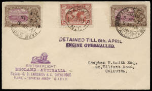 19 Feb.1931 (AAMC.177) Calcutta - Darwin cover, flown by Fairbairn & Shenstone en route from England; with 'BRITISH FLIGHT' cachet & 'DETAINED TILL 5th. APRIL / ENGINE OVERHAULED' handstamp, [only 43 flown]. Cat.$550.