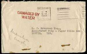 29 May 1942 (Nierinck.420529) Melbourne - Burnie cover, missing stamp, with handstamped red "DAMAGED BY / WATER" and pencil annotation on the front and reverse "Marika crash". Not listed by AAMC. Nierinck &nbsp;states " The airplane crashed on Flinders Island 