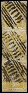 1853 (SG.80) 8d orange-yellow, imperf. on medium bluish paper, vertical strip of 3. Heavily cancelled, uneven margins touching at the top, bottom and lower right, heavy crease through the centre stamp, with part original gum, nevertheless a rarely offered