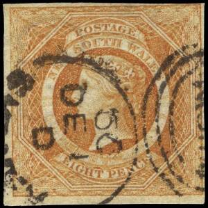 1854-59 (SG.98) Imperforate 8d Dull-Yellow-Orange, FU example with 4 margins (close at top and right). Cat.&pound;1300.
