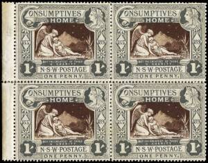 1897 (SG.280) 1d (1/-) Consumptives Homes, marginal blk.4, several pairs and singles. MUH in mixed condition. Cat. 765 pounds.