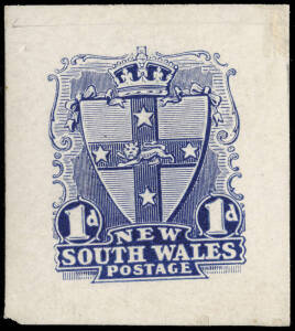 1897 (SG.288) 1d Shield DIE PROOF in blue on white glazed card (27 x 30.5mm).