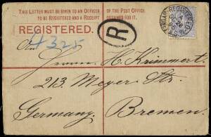 1895 3d Registered Envelope, up-rated 2&frac12;d to Germany; 1897 & 1900 covers to Kolding Denmark, rated 2&frac12;d & 3d; Mixed group of mint Postal Stationery (11); Envelopes,1888-97 1d red, 1d violet, 2d Emu & 2d QV o'ptd 'SPECIMEN'; Newspaper Wrappers, 1869 &frac12;d grey