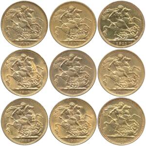 GOLD COINS: Great Britain St George reverse Sovereigns, QV 1891, 1899, KGV 1911 x2, 1912 x2, 1913, 1915 and QEII 1976 (agw 2.118 troy oz).