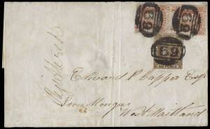 1853(Jan.15) registered entire, Murrurundi - West Maitland, franked by laureated 1d scarlet vertical pair and 6d yellow-brown each cancelled "69". The reverse annotated "Murrurundi / 15 Jany / 1853" and with a Crown Oval "WEST MAITLAND" arrival datestamp.