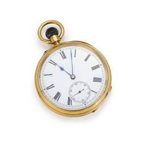 A Gentleman's gold openface pocket watch. 45mm. Crown wind. Cuvette engraved "Presented to Rev Malcolm McIntyre by his congregation on the occasion of his leaving Monikie, November 1894". 18ct yellow gold.  