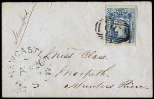 1854 (Aug.26) cover from Newcastle to Morpeth, Hunters River bearing a superb 2d Laureate, cancelled by numeral "55" with a "NEWCASTLE / N.S.W." datestamp on the front.