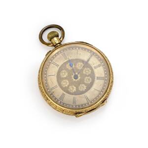 A Lady's gold openface pocket watch. 45mm. Crown wind. Unsigned Swiss movement.18ct yellow gold.  