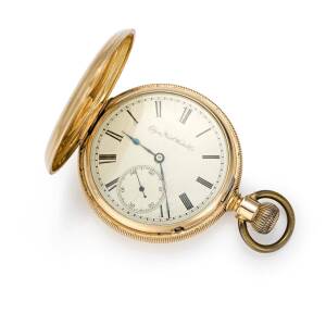 A Gentleman's gold hunter pocket watch, Elgin. 48mm. Crown wind. Movement number 3494089. Dial and movement signed. Cuvette engraved "Mr Kenneth Mercer". 14ct yellow gold.  